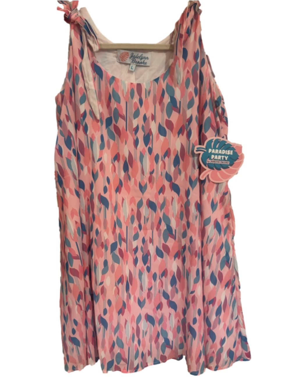 Women's Jadelynn Brooke Dress Size L Pink Blue Leaf Print Tie Strap